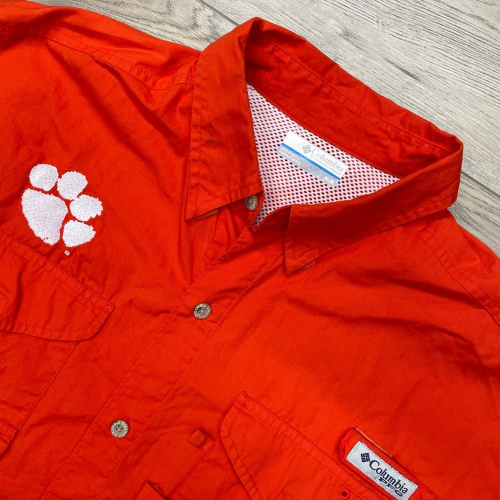Columbia PFG Button Down Mens Medium Orange Clemson Tigers Short Sleeve Shirt